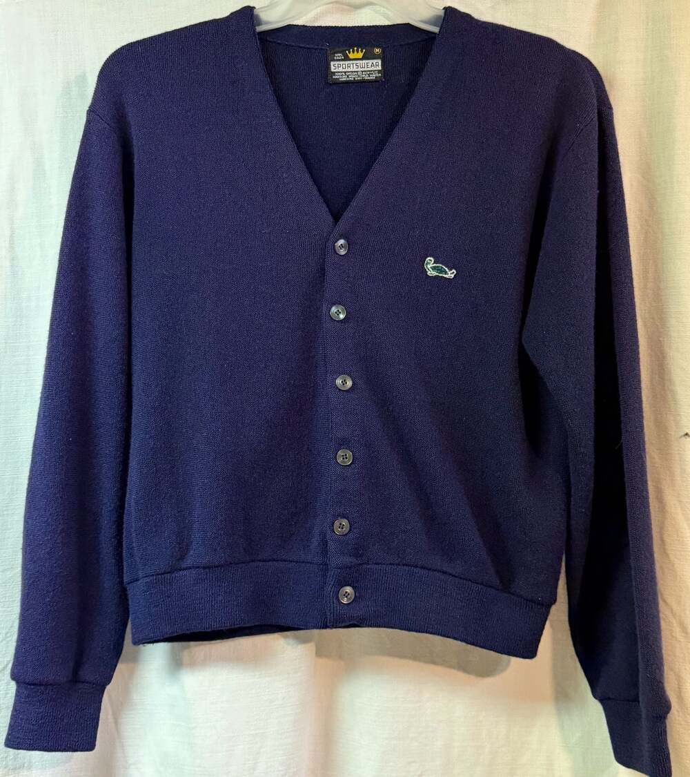 Vtg Crown Sportswear  Cardigan Sweater Men’s Med Embroidered turtle Preppy